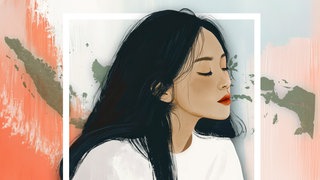 Junge Frau, asiatisch aussehend, vor der Silhouette einer Landkarte von Indonesien