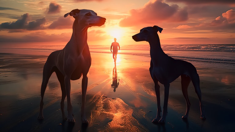 Zwei Hunde stehen am Strand bei Sonnenuntergang, im Hintergrund geht eine Person am Wasser.