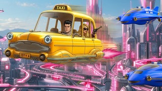 Ein fliegendes Shuttle sieht aus wie ein Taxi aus den 1960er-Jahren, hat aber keine Räder sondern ein Triebwerk. In dem Taxi sitzen ein Fahrer und dahinter eine Frau mit Sonnenbrille, die eine Pistole aus dem Fenster hält. Sie fliegen über einer futuristischen Stadt und werden von zwei kleineren Flugshuttles verfolgt. 