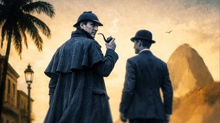 Rückenansicht von Sherlock Holmes mit einer Pfeife der über seine Schulter blickt, zu seiner Rechten Dr Watson in einer Straße im viktorianischen Zeitalter in den Tropen und im Hintergrund Der Sugarloaf Berg und die Bucht von Guanabara
