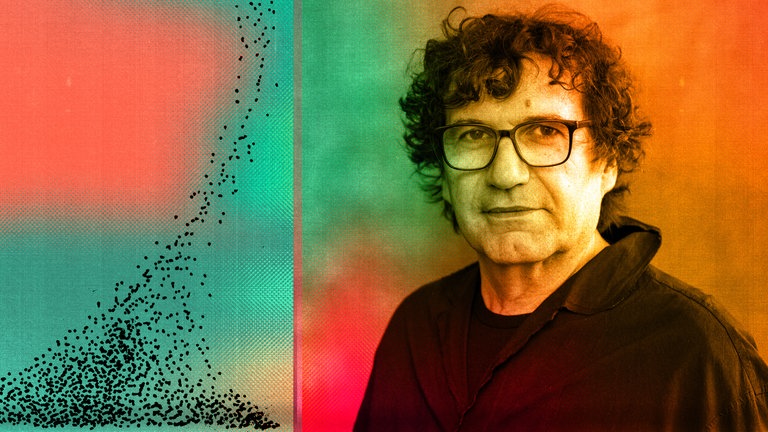 Der Autor Oswald Egger und eine der Grafiken des Autors zum Stück "Fialas Faust"