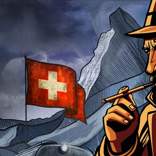 Wachtmeister Studer - Ein älterer Mann mit Zigarette blickt in Mantel und Trenchcoat und Hut nach links, im Hintergrund eine Eisenbahn, die Schweizer Flagge und das Matterhorn.