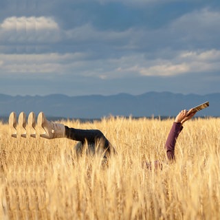 Ein Mensch liegt in einem Kornfeld, man sieht nur ein Bein und die ausgestreckten Arme mit einem Magazin Menschen ein Bein und einen Arm mit einem Magazin in der HandAus einem Kornfeld unter wolkenverhangenem Himmer mit Bergen am Horizont sieht man 