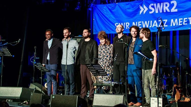SWR NEWJazz Ensemble 2018: Fiston Mwanza Mujila, Lukas Kranzelbinder, Mario Rom, Mona Matbou-Riahi Gregory Dargent, Johannes Schleiermacher, Dave Smith