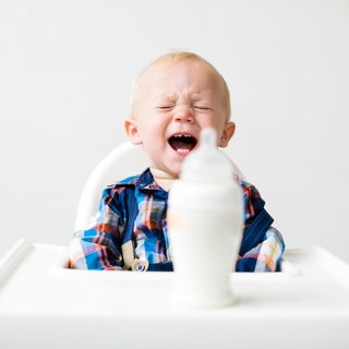 Ein kleiner Junge schreit, vor sich eine Milchflasche: Wie wichtig das Schreien ist, zeigen Babys: Mal schreien sie, um zu kommunizieren, dass sie Hunger oder Schmerzen haben, mal weil sie sich langweilen. Analysen zeigen, dass Babys schreiend ihre Muttersprache einüben. 