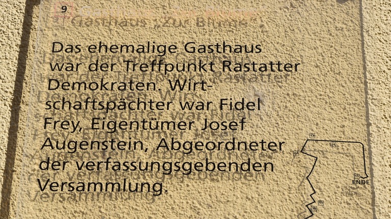 Badische Revolution 1848: In Rastatt befinden sich Plaketten an einigen historischen Häusern. Zum Gasthaus "Zur Blume" heißt es: "Das ehemalige Gasthaus war der Treffpunkt Rastatter Demokraten. Wirtschaftspächter war Fidel Frey, Eigentümer Josef Augenstein, Abgeordneter der verfassungsgebenden Versammlung."