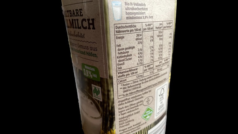 Nährwertangaben auf einer Milchpackung: Durchschnittserwachsene benötigen angeblich 2.000 Kilokalorien täglich. Stoffwechselforscher halten die Maßgabe von 2.000 Kilokalorien pro Tag und Erwachsenen für Unsinn. Trotzdem basieren Nährwertangaben auf Lebensmitteln noch immer auf dieser Vorgabe.