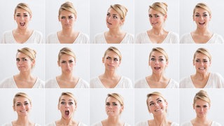Im Gesicht einer jungen Frau spiegeln sich verschiedene Emotionen (Bildcollage): Nur sechs Basis-Emotionen? Forscher*innen sagen heute, dass es weit mehr gibt als Angst, Ekel, Trauer, Ärger, Überraschung und Freude. Wie und was wir fühlen, hängt von Situation und Individuum ab.