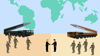Soldaten und Verhandlungspartner stehen sich gegenüber, dahinter eine Weltkarte (Illustration): Historisch sind Kriege selten in militärischen Entscheidungsschlachten beendet worden. Oft landen die kriegführenden Parteien am Verhandlungstisch. 