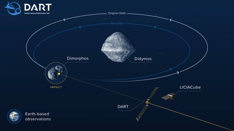 Schematische Darstellung des Kurses der DART-Sonde auf den Asteroidenmond Dimorphos.