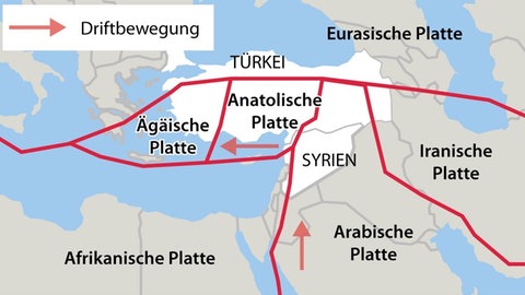 Kartenausschnitt der Anatolischen und die Arabische Platte, die zu Erdbeben führen