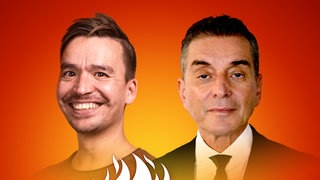 Michel Friedman und Bob Blume auf dem Podcast-Cover von "Die Schule brennt – Mit Bob Blume"