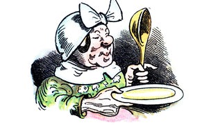 Witwe Bolte mit Teller und Löffel (Illustration): Bei "Max und Moritz" von Wilhelm Busch schwärmt die Witwe vom Kohl, "besonders wenn er wieder aufgewärmt". Was ist da dran? Schmeckt aufgewärmtes Essen wirklich besser?