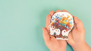Hände halten behutsam Kopfsilhouette, darin bunte Puzzleteile als Gehirn: Autismus, ADHS, Tourette: Manche Menschen denken, fühlen, handeln anders als die Mehrheit. Aber Neurodiversität ist Teil menschlicher Vielfalt.