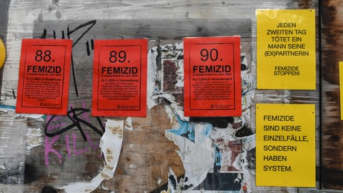 Protest gegen Femizide auf Plakaten an einem Bauzaun in Freiburg: "Jeden zweiten Tag tötet ein Mann seine (Ex)Partnerin". Der Kriminologe Jörg Kinzig hat das Phänomen Femizid 2025 in einer umfangreichen Untersuchung analysiert.