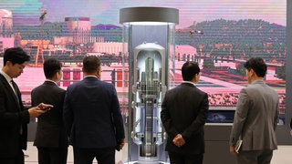 Besucher der Atomenergiemesse betrachten ein in Südkorea entwickeltes innovatives kleines modulares Reaktormodell während der diesjährigen Internationalen Atomenergieausstellung im BEXCO-Ausstellungszentrum in der südöstlichen Hafenstadt Busan am 22. April 2026.
