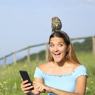 Eine erstaunte Frau, die gerade ihr Smartphone benutzt mit einem Eulenküken, das sich auf ihrem Kopf niedergelassen hat.