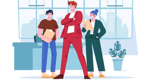 Drei dynamische junge Leute vor der Fensterfront eines Unternehmens (Illustration): Firmen in Deutschland und der EU haben zunehmend Probleme, die Nachfolge an der Unternehmensspitze zu regeln. Ein Ausweg: Beschäftigte übernehmen ihren Betrieb selbst. 
