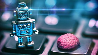 Kleiner Roboter und menschliches Gehirn auf einer Tastatur: Gehen Kompetenzen verloren, wenn wir Dinge, die wir früher mit dem eigenen Kopf gemacht haben, einer Maschine übertragen? Etwa bei der Navigation oder beim Rechnen? Kommt es zum Deskilling?
