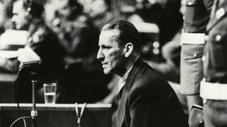 Ernst Kaltenbrunner im Zeugenstand beim Nürnberger Kriegsverbrecherprozess vor dem alliierten Militärtribunal 19451946 (undatierte Aufnahme)