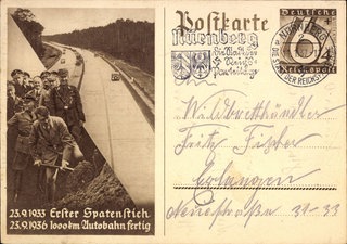 Hitler beim Autobahn-Spatenstich: Der erste Spatenstich 1933 als Postkarte bzw. Ganzsache (ca. 1935)