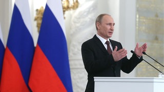 Russlands Präsident Wladimir Putin hält am 18. März 2014 eine "Rede an die Nation" im Zusammenhang mit den Ereignissen auf der Krim