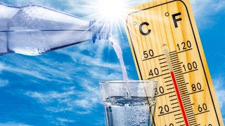 Ein Thermometer zeigt sehr hohe Temperatur in der Sommerhitze und eine Wasserflasche mit Glas