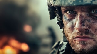 Ein Soldat mit dreckverschmiertem Gesicht blickt direkt in die Kamera. Im Hintergrund Rauch und Flammen. (Sujetbild mit KI generiert.) 