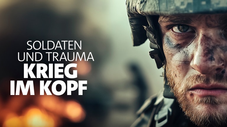 Ein Soldat mit dreckverschmiertem Gesicht blickt direkt in die Kamera. Im Hintergrund Rauch und Flammen. (Sujetbild mit KI generiert.)
