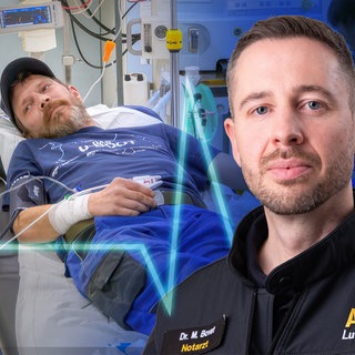 Die Unfallklinik, Folge 5: Bildmontage mit Dr. Michael Bovet vor Michael, der eine schwere Handverletzung hat.