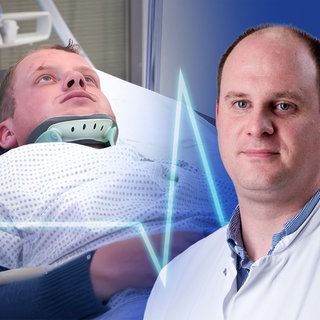 Die Unfallklinik, Folge 2: Bildcollage mit Chefarzt Dr. Andreas Gather (r.) vor Lukas, der mehrere Brüche an der Halswirbelsäule hat.