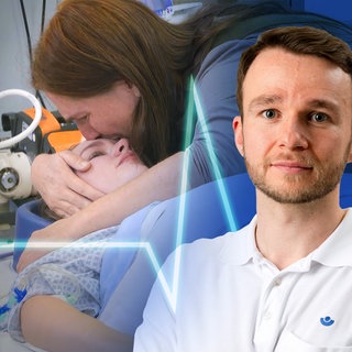 Die Unfallklinik, Folge 1: Bildmontage mit Dr. Jonas Armbruster vor Seraphine, die einen Unfall hatte.