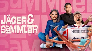 Kevvisual von „Jäger & Sammler“ zeigt eine Collage mit Sneaker-Queen Julia Schoierer, Fernsehkoch Tim Mälzer, Rapper Finch und Barbie.