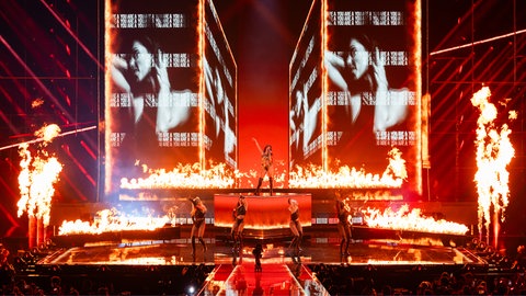 Grand Final Performance: Sarah Engels performing Fire for Germany during the Grand Final of the Eurovision Song Contest at Wiener Stadthalle, Vienna 2026 on 15 May