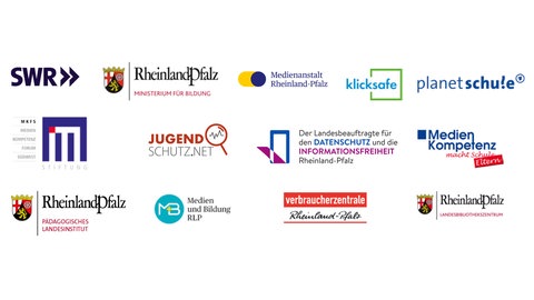 Die Logos der Projektpartner im Überblick - SWR, Minsterium für Bildung Rheinland-Pfalz, Medienanstalt Rheinland-Pfalz, klicksafe, planet schule, MKFS, jugendschutz.net, der Landesbeauftragte für Datenschutz und Informationsfreiheit Rheinland-Pfalz, Medienkompetenz macht Schule, Medien- und Bildung Rheinland-Pfalz, Verbraucherzentrale Rheinland-Pfalz, Pädagogisches Landesinstitut Rheinland-Pfalz, Landesbibliothekszentrum Rheinland-Pfalz