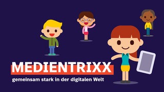 Medientrixx - vier Kinder comicartig vor blauem Hintergrund