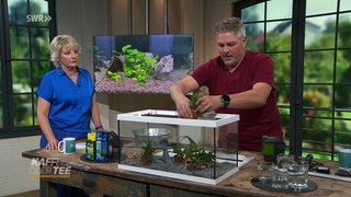 Moderatorin Heike Greis und Jürgen Leutner mit einem Aquarium