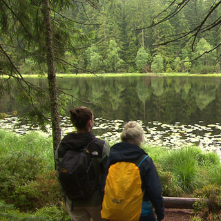Zwei Wanderer stehen am Herrenwieser See