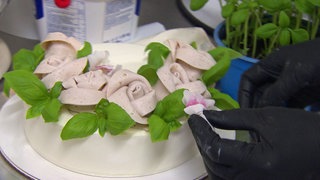 Eine weiße Torte mit weißen Wurströschen, grüner Basilikum-Garnitur und einer Frischkäseglasur. Von rechts kommt ein schwarzer Handschuh, der eine Blüte draufsetzt.