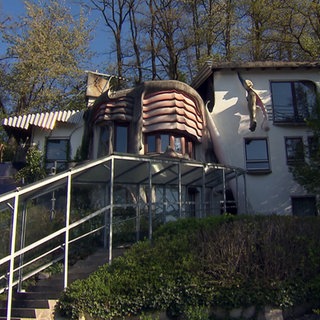 Ein Haus mit einer organische, mit einem rostroten Muster versehenem Element an der Fassade. 
