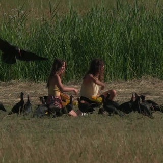 Zwei Frauen sitzen auf einem Feld mit vielen Waldrappen