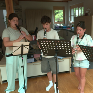 Familie musiziert zusammen auf Blasinstrumenten