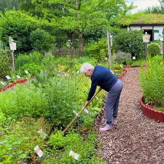 Martina Kunath steht in ihrem Kräutergarten und harkt ein Feld. Um sie herum sind verschiedene grüne Kräuterbeete mit Infokarten angelegt.