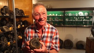 Elmar Scherer steht in einem dunklen Raum mit verschiedenen Fossilien. In seinen Händen hält er einen großen Ammoniten und hält ihn in die Kamera. Er lächelt dabei begeistert.