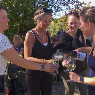 Vier Frauen stoßen mit Weingläsern an. Sie stehen an einem Weinberg.