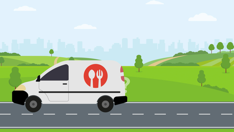 Grafik eines Lieferwagens auf einer Landstraße, mit einem imaginierten Logo einer Essensauslieferungsfirma.