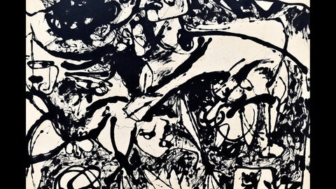 Nummer 8, 1951, "Black Flowing" von Jackson Pollock: Pollock nimmt die Leinwand von der Staffelei und lässt die entfesselte Farbe im Tanz direkt aus der Dose tropfen - Gefühl und Kalkül wird Gerhard Richter in seinem Werk miteinander verbinden